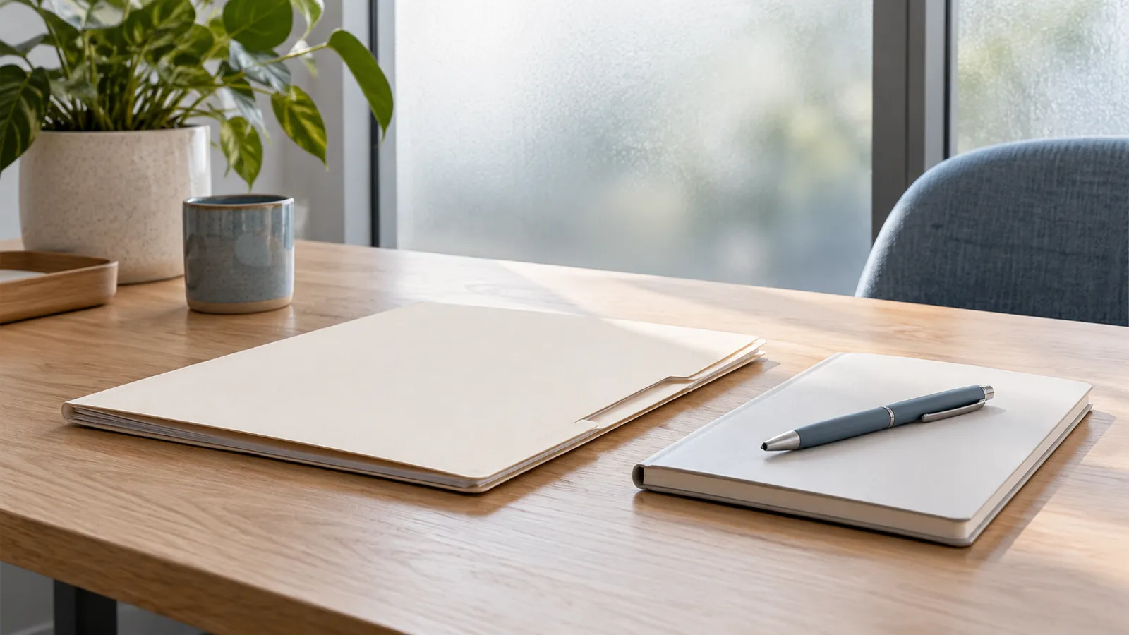 Carpeta cerrada y cuaderno en un escritorio
